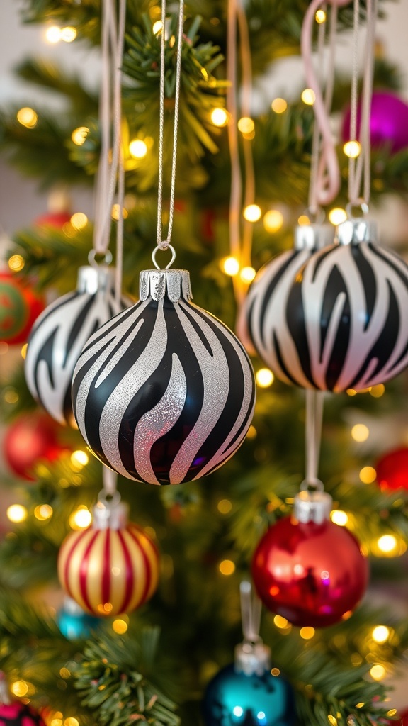 Zebra Print Christmas Ornaments Zebra print Christmas ornaments on a decorated tree with lights.